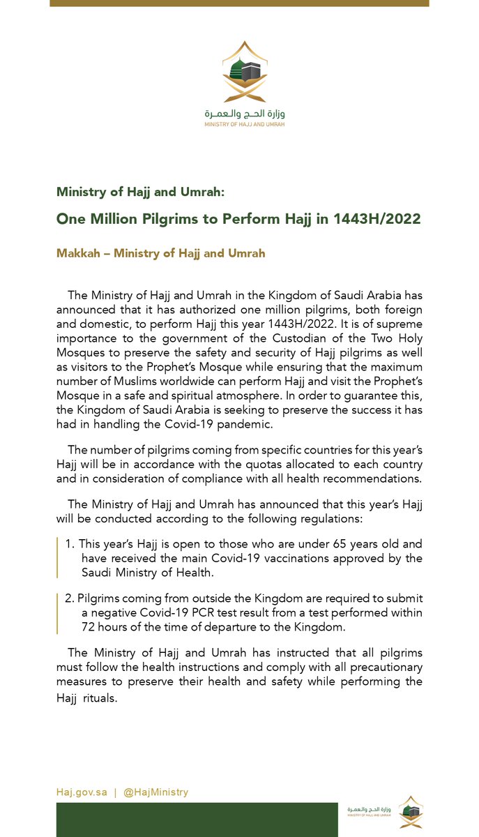 MoHU_En's tweet image. Labbaik Allahumma Labbaik 🕋

We’re honored to welcome one million pilgrims in Hajj 2022