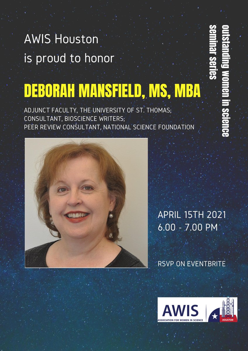 Join AWIS Houston as we honor Deborah Mansfield as our Outstanding Women in Science for the 2022 OWIS Seminar Series on April 15th at 6 PM #OutstandingWomenInScience #WomenInSTEM
Register at : tinyurl.com/2afcama9

More info
awisgch.org/2022/04/08/owi…