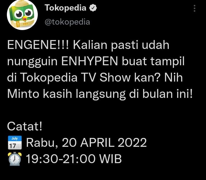 SRAVIER_67's tweet photo. Makasih kak udah datengin enhypen huhu akhirnya ๐ญ๐ญ sayang kak Minto banyak"
SELALU ADA SELALU BISA
#TokopediaxENHYPEN
#RamadanEkstraTVShow
#MintoSayangENGENE
#MintoLovesENGENE
@ENHYPEN @ENHYPEN_members https://t.co/27UIE9GYcS
