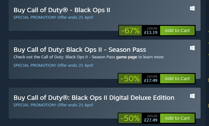 Plutonium Project (@plutoniummod) on Twitter photo Black Ops, Black Ops 2, World at War and other older Call Of Duty games are currently on sale on Steam until the 21st of April! Black Ops, Black Ops 2, World at War and other older Call Of Duty games are currently on sale on Steam until the 21st of April!