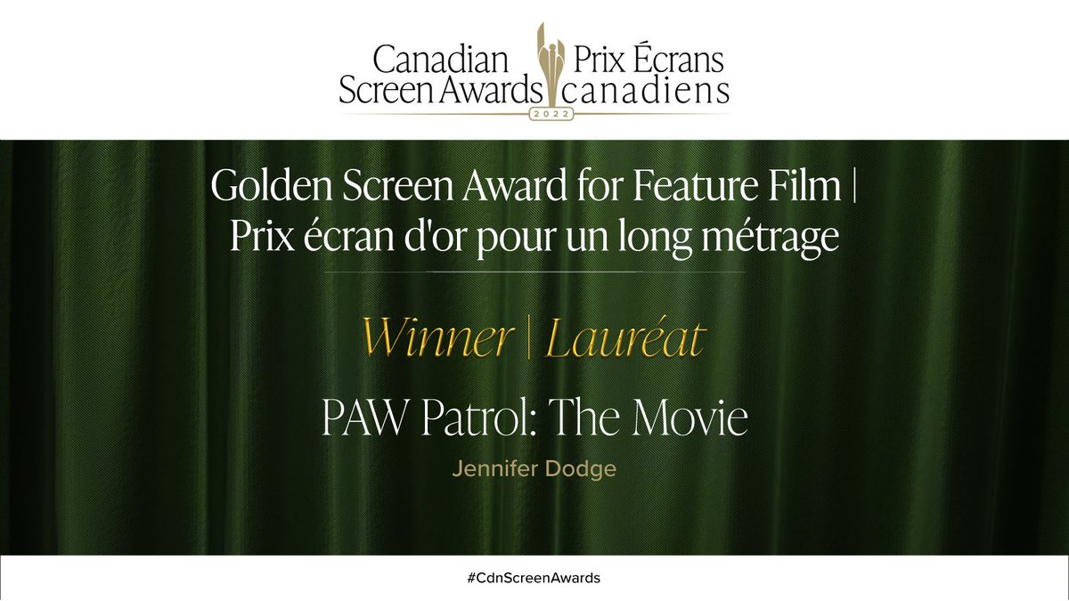 TheCdnAcademy's tweet photo. The winner of the Golden Screen Award for Feature Film is “Paw Patrol: The Movie.” Congratulations! #CdnScreenAwards https://t.co/wjVMSvFb7Y