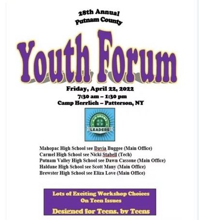 please consider signing up for the youth forum!!!

-Friday, April 22nd @ Camp Herrlich 

-please see Ms. Bugge for any additional information/to get the forms!

@PacHS_Principal <a href="/MahopacSchools/">Mahopac Schools</a>