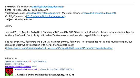 AxumSelassie's tweet photo. On 5/13/2021, internal emails from @PasadenaPD referenced a tweet from Dominique Di Prima after she posted a flyer about the May 21st rally for #AnthonyMcClain. This rally is what I believe prompted Perez to announce his retirement the previous Sunday https://t.co/KdyDUplcjf