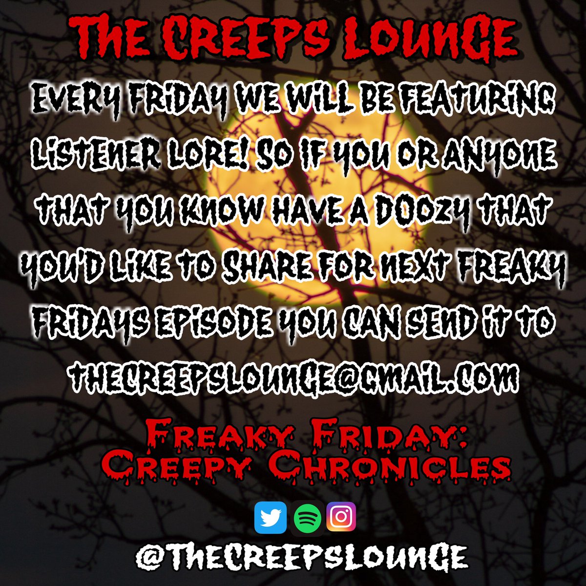 TheCreepsLounge's tweet photo. Did you catch todays episode of Freaky Friday: Creepy Chronicles 1 where we got the opportunity to feature our 1st listener story?! It was LIT! Submit your stories to: thecreepsloung@gmail.com #Creepy #TheCreepsLounge #spotify #paranormal #truecrime #ouijaboard #ufos #podcasts 🖤 https://t.co/nMPlpeOI6p