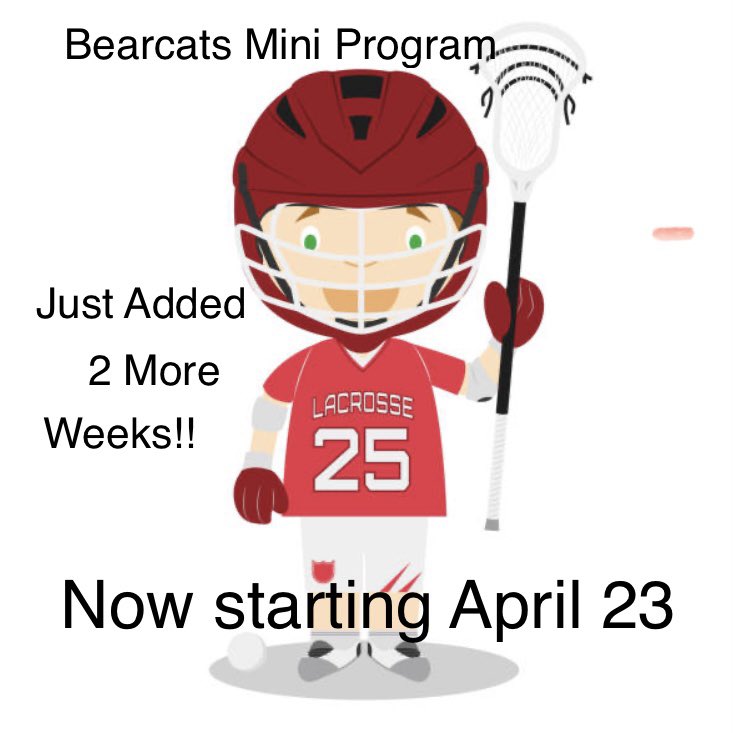 EXCITEMENT IS IN THE AIR!!!!  We’ve added 2 weeks (at no extra cost)
The Bearcats Mini Program scheduled to start Saturday May 7th will now start Saturday April 23 and will run until Saturday June 25th 
10- 11 am at Deuvilles Rink - 50 Harmony Road Salmon River