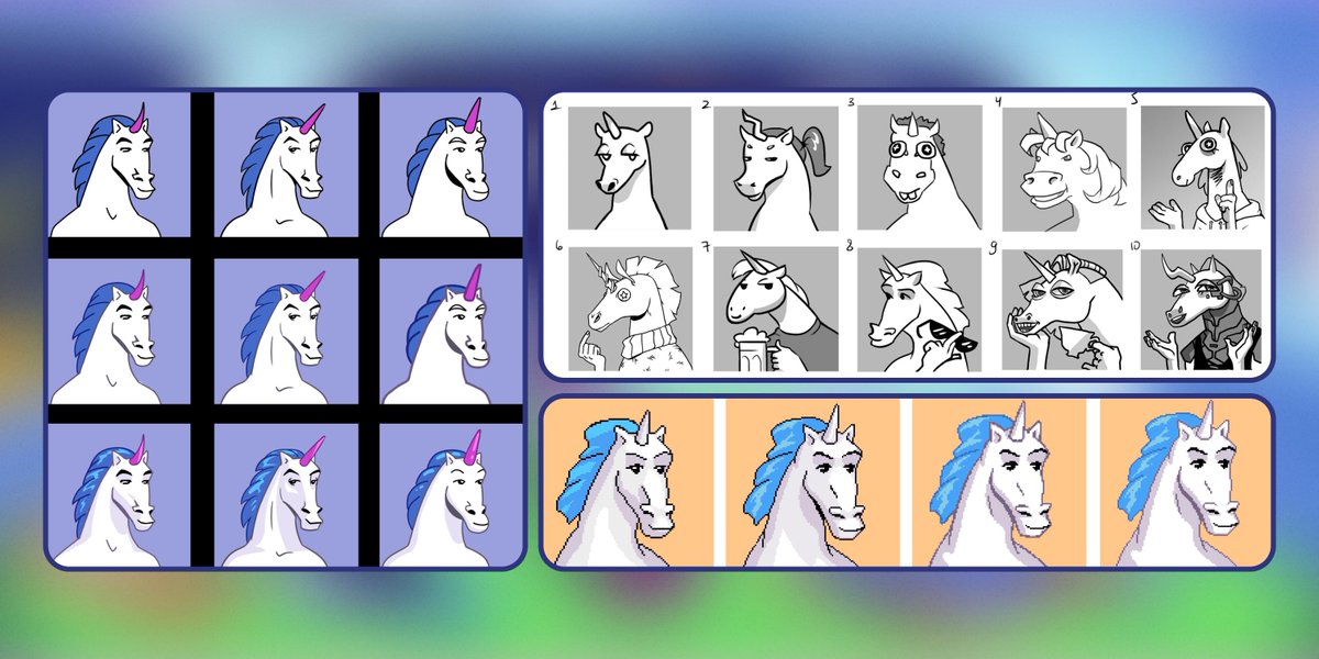🪄 Gm! Today we want to show you some first sketches of unicorns. 

We'd been working on the ideal form and colors for two months until we did the current version.

Fun fact #69: our first art was pixel, but we declined this idea to make the art more comfy 🦄🐸🧙