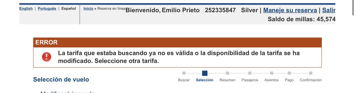 emiliopnogales's tweet photo. Por favor ayuda @CopaAirlines. Llevo 3 semanas intentando comprar unos pasajes con millas, pero en todas las opciones de vuelo que escojo sale que ya no está disponible la tarifa. Sin embargo siguen saliendo las mismas opciones. https://t.co/J2rAjGbCcg