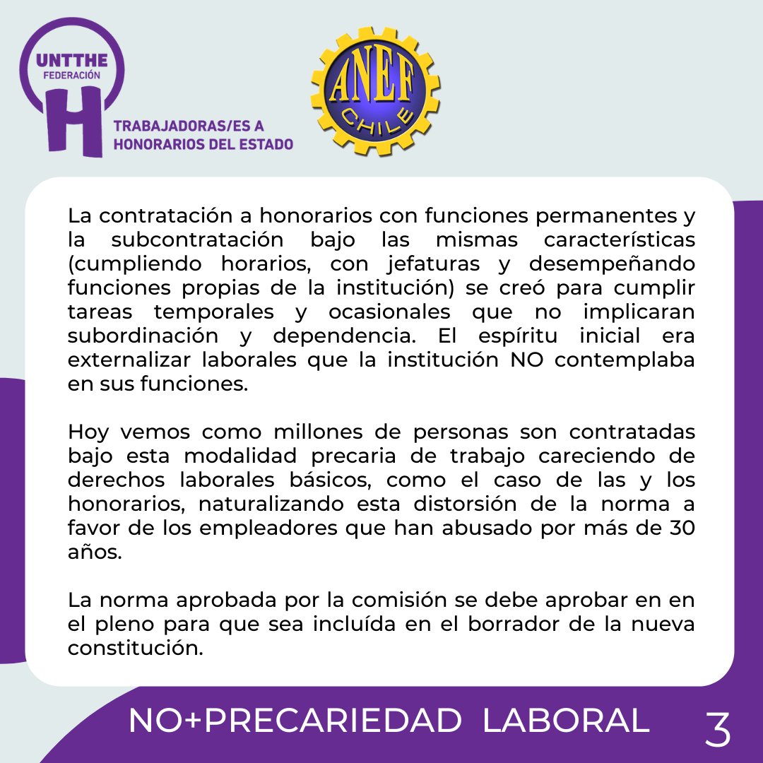 Con <a href="/anefchile/">ANEF</a>  defendemos la norma aprobada en la Convención q prohíbe el trabajo a honorarios y subcontratado con funciones permanentes. Ya es momento de poner fin a los contratos precarios con relaciones laborales ocultas. A igual trabajo, iguales derechos 💪🏿