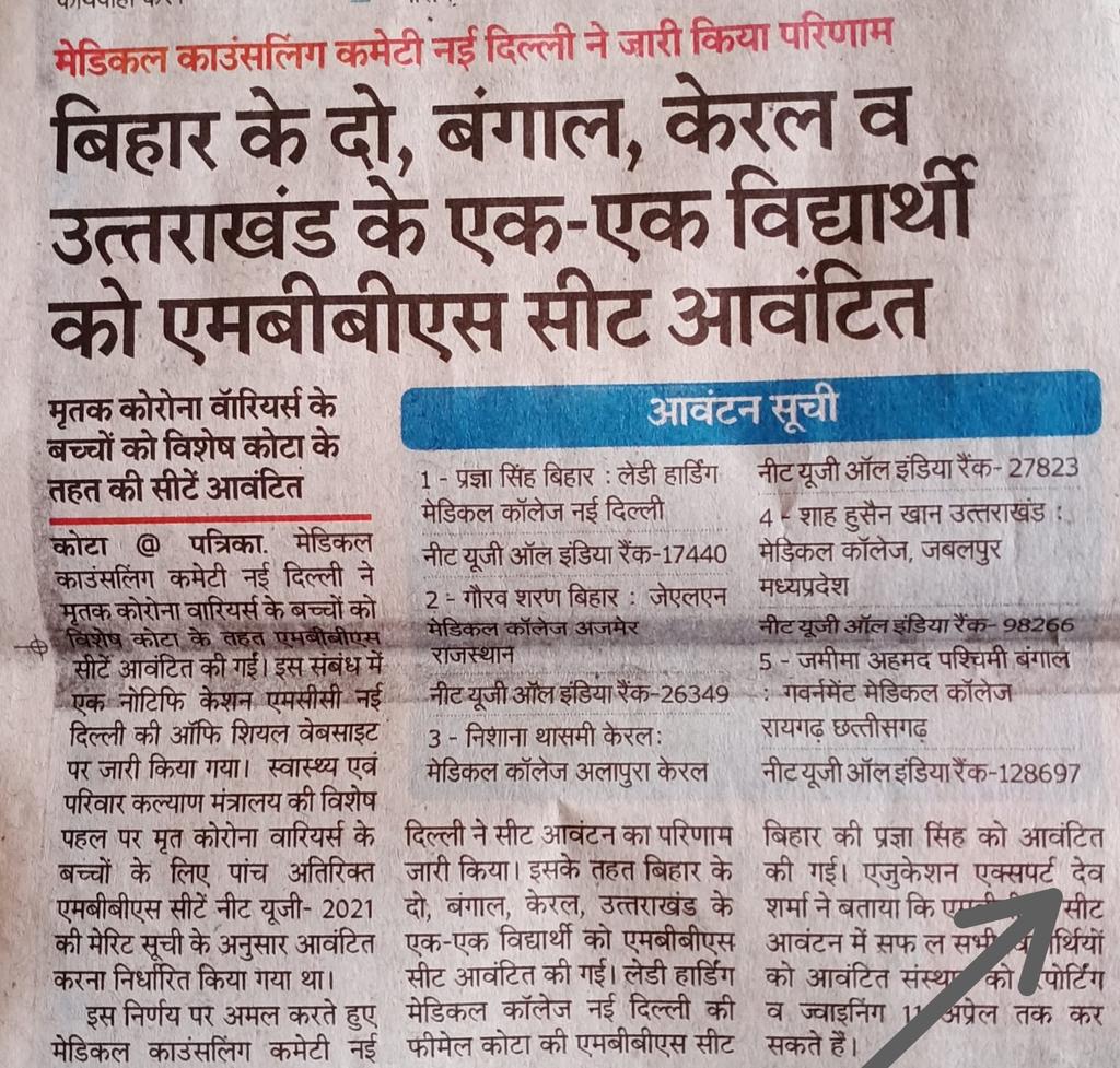 credigikota's tweet image. MBBS-Seats allotted to wards of Deceased Corona Warriors.Good Decision Of Ministry Of Health and Family Welfare!!
#COVID19
#coronawarriers #mbbs #NEET #BiharHealthDept #bengalpride #kerla #uttarakhandnews