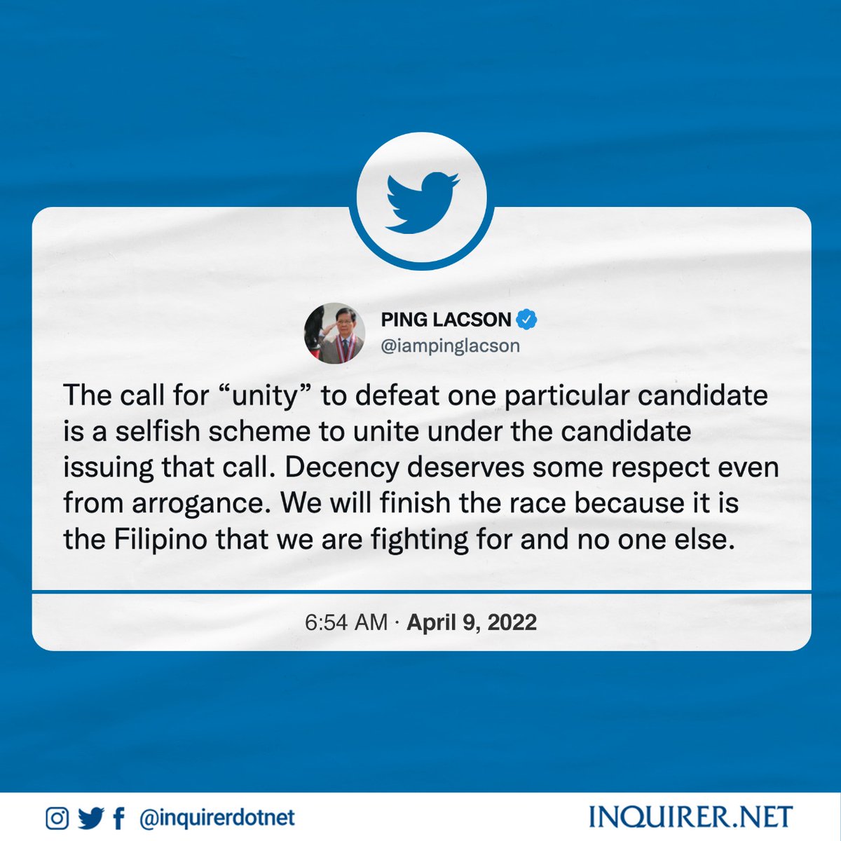 inquirerdotnet's tweet photo. ‘A SELFISH SCHEME’

Presidential candidate Sen. Ping Lacson on Twitter said it’s “selfish” to call for unity to defeat a candidate, while assuring that he would finish the presidency race for the Filipino. https://t.co/wiS02PAl76