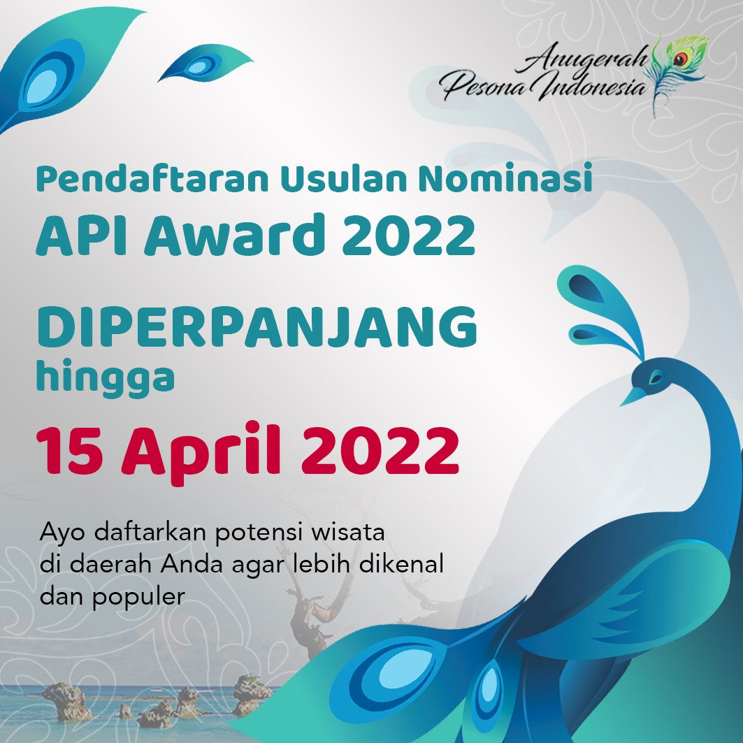 Disgiovery's tweet photo. Anugerah Pesona Indonesia (API) masih membuka pendaftaran hingga 15 April 2022.

Ayo daftarkan potensi wisata daerahmu. Buka mata, Indonesia itu indah! 

@apiaward https://t.co/9q82nYDLEo