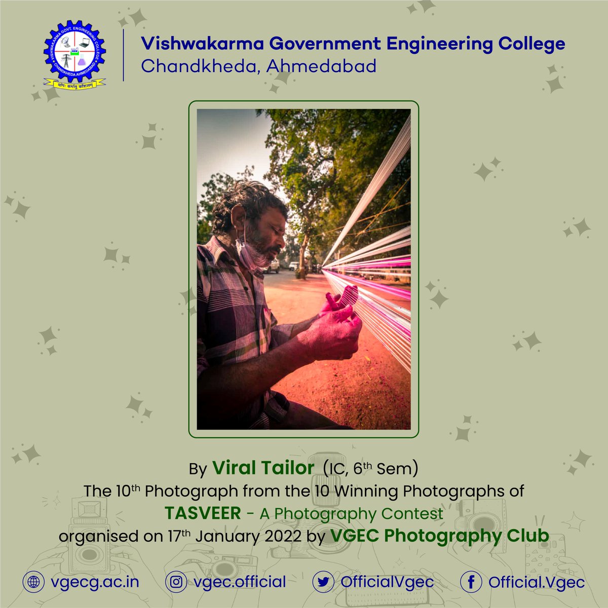 OfficialVgec's tweet photo. Here is the last photograph from the 10 Winning Photographs from TASVEER - Capturing Emotions (A Contest) held in January 2022 by VGEC Photography Club.
#VGEC
#Engineering
#CapturingEmotions
#photography
#photographers
#festivals
#Congratulations https://t.co/CwoAF6LqOl