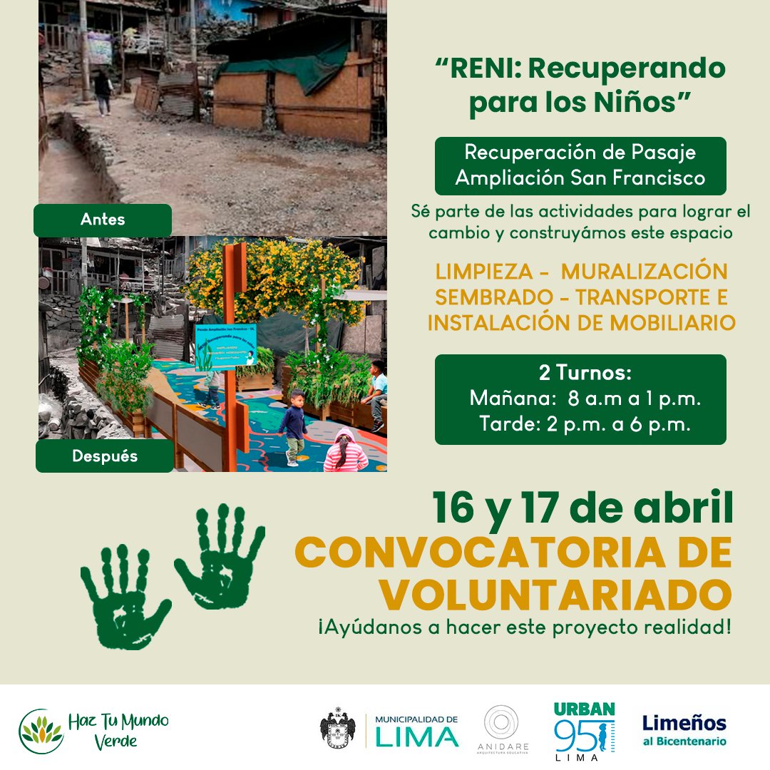 HTMV_'s tweet photo. Transformemos juntos un espacio para las niñas y niños de zonas aledañas a Ampliación San Francisco en #SJL 🙌 

✅ Detalles aquí: https://t.co/3UYxYAH34N
✅ Inscripción: https://t.co/bVnhoUa53J

#reni #recuperación #espacios #niños  #HazloPorTuBarrio #voluntariado #comparte https://t.co/J7V7E0Jn5D