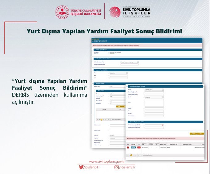 Yurt dışına Yapılan Yardım Faaliyet Sonuç Bildirimi hizmete açılmıştır.