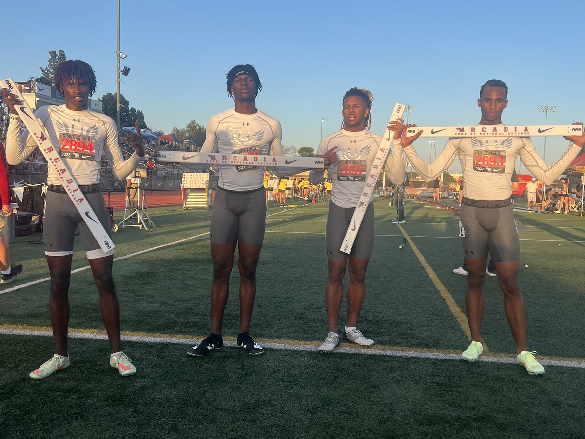 PrepCalTrack's tweet photo. STATE RECORD ALERT!! Upland torches the Arcadia High track en route to breaking the state record in the boys 4x110 shuttle hurdles in 57.10 seconds! @UHSTrack_Field https://t.co/IBgD84Pt9L