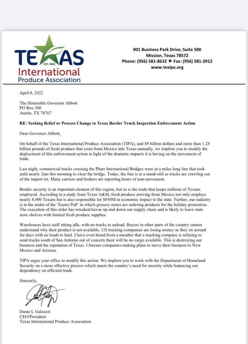 James_Barragan's tweet photo. NEW: Texas International Produce Association calls on ⁦@GovAbbott⁩ to end increased vehicle inspection order saying it has “wreaked havoc up &amp; down our supply chain” &amp; is creating problems ahead of Easter wknd. Trucks at ports “at a stand-still” &amp; members report no movement https://t.co/tIAc4JJ1MP