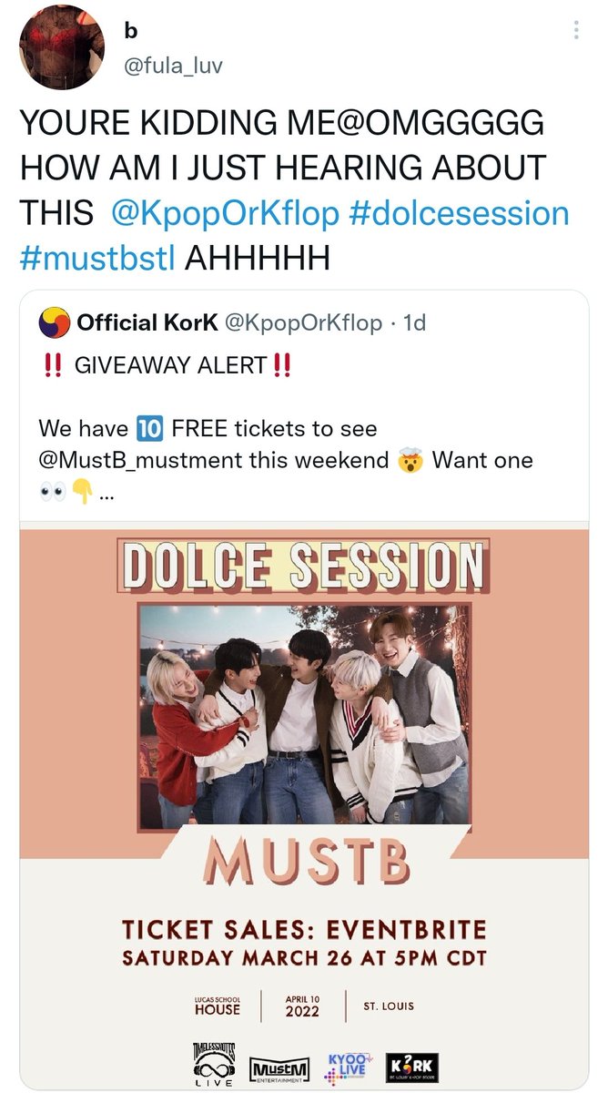 korkstl's tweet photo. The ⏰ has come...here are our #dolcesession ticket winners 😎 If you see your screenshot, send us a DM to claim 😊 You have until 10 AM CST 🏃🏿♀️
#korkstl #mustbstl #MustB #stlkpopevents #kpopstl
-PART 1- https://t.co/hHoFajZOOw