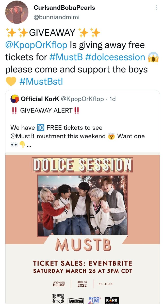 korkstl's tweet photo. The ⏰ has come...here are our #dolcesession ticket winners 😎 If you see your screenshot, send us a DM to claim 😊 You have until 10 AM CST 🏃🏿♀️
#korkstl #mustbstl #MustB #stlkpopevents #kpopstl
-PART 1- https://t.co/hHoFajZOOw