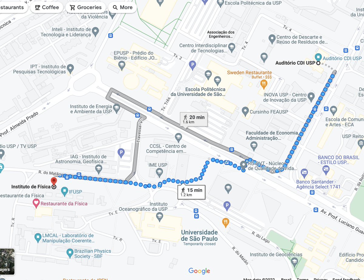 EOutonoSBF's tweet photo. Transport in the campus

CDI Auditorium and the Physics Inst. are separated by a 15 minutes walk. The organization is providing transportation by bus, with a first departure at 9:55, and a second at 10:20.

Please be conscious and allow the senior members to take the first ride! https://t.co/iU9yxmrJuc