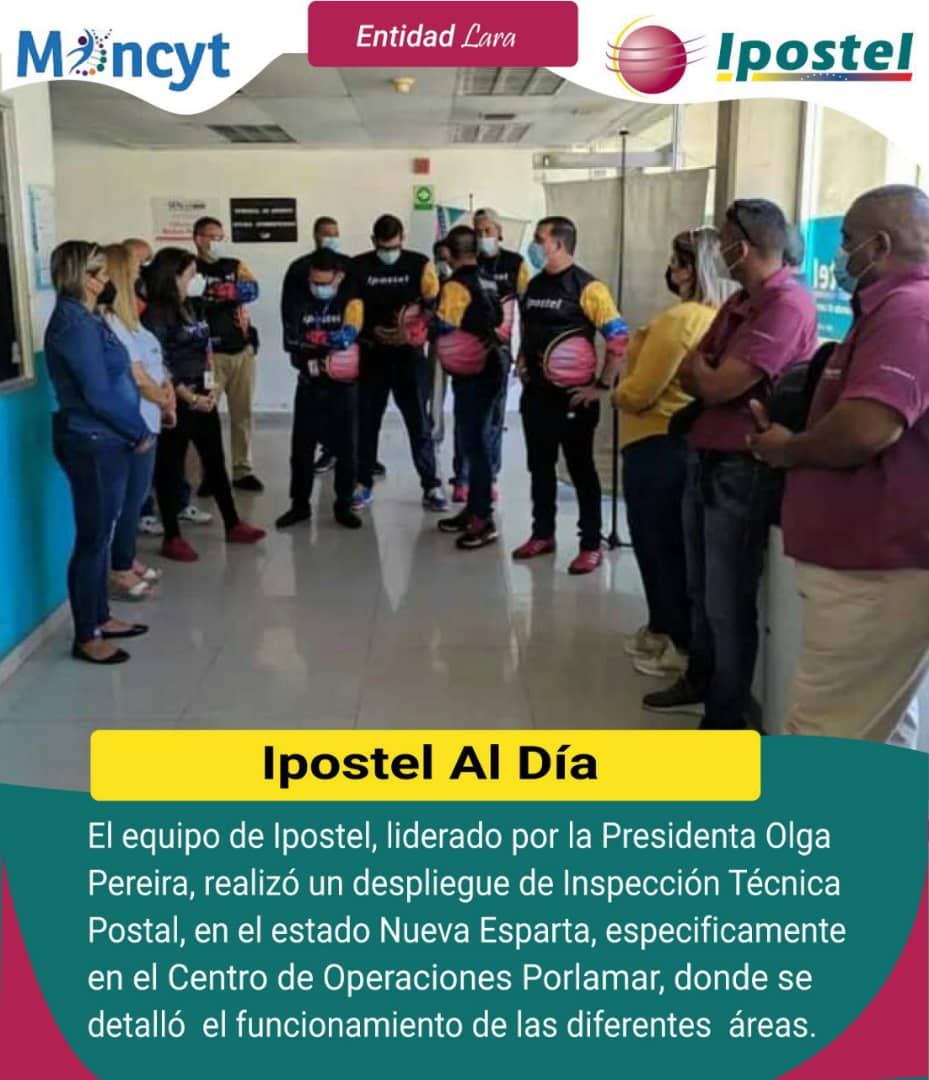 #8Abr |🇻🇪| Buenas noches👏

📌⚪Ipostel Al Día 📅📄👇
               ⏬
El equipo de Ipostel, liderado por la Presidenta @olgapereiraj 
realizó un despliegue de Inspección Técnica Postal, en el estado Nueva Esparta.

#CulturaVenezolana