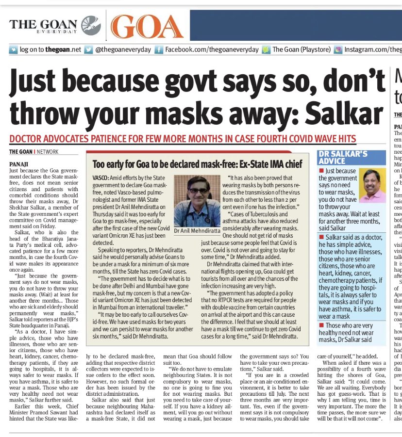 My view on #WearAMask and #covid19 in #goa local newspaper @thegoaneveryday . #OmicronXE #IndiaFightsCorona