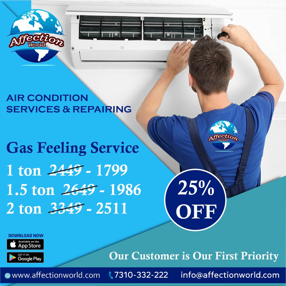 affectionworld1's tweet photo. AffectionWorld Air Conditioner & Repairing Services
Gas Feeling Service (25% Off)
1 TOn 1799
1.5 Ton 1986
2 Ton 2511
#gas #affection #affectionworld #airconditioningrepair #repairing #servicesprovider
https://t.co/UtPjNdilOo https://t.co/AQVjJaGOGH