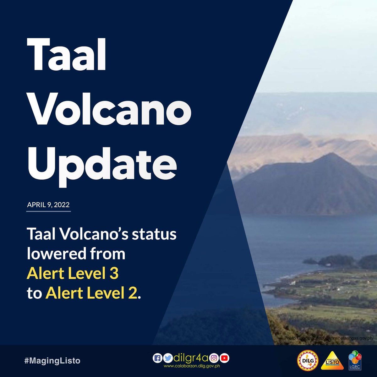 dilgr4a's tweet photo. This serves as a notice for the lowering of Taal Volcano’s status from Alert Level 3 (Magmatic Unrest) to Alert Level 2 (Decreased Unrest).

#TaalPH #BantayTaal #MagingListo #WeAreYourDILG 
9 April 2022
08:00 AM https://t.co/fDDTtgJmOE