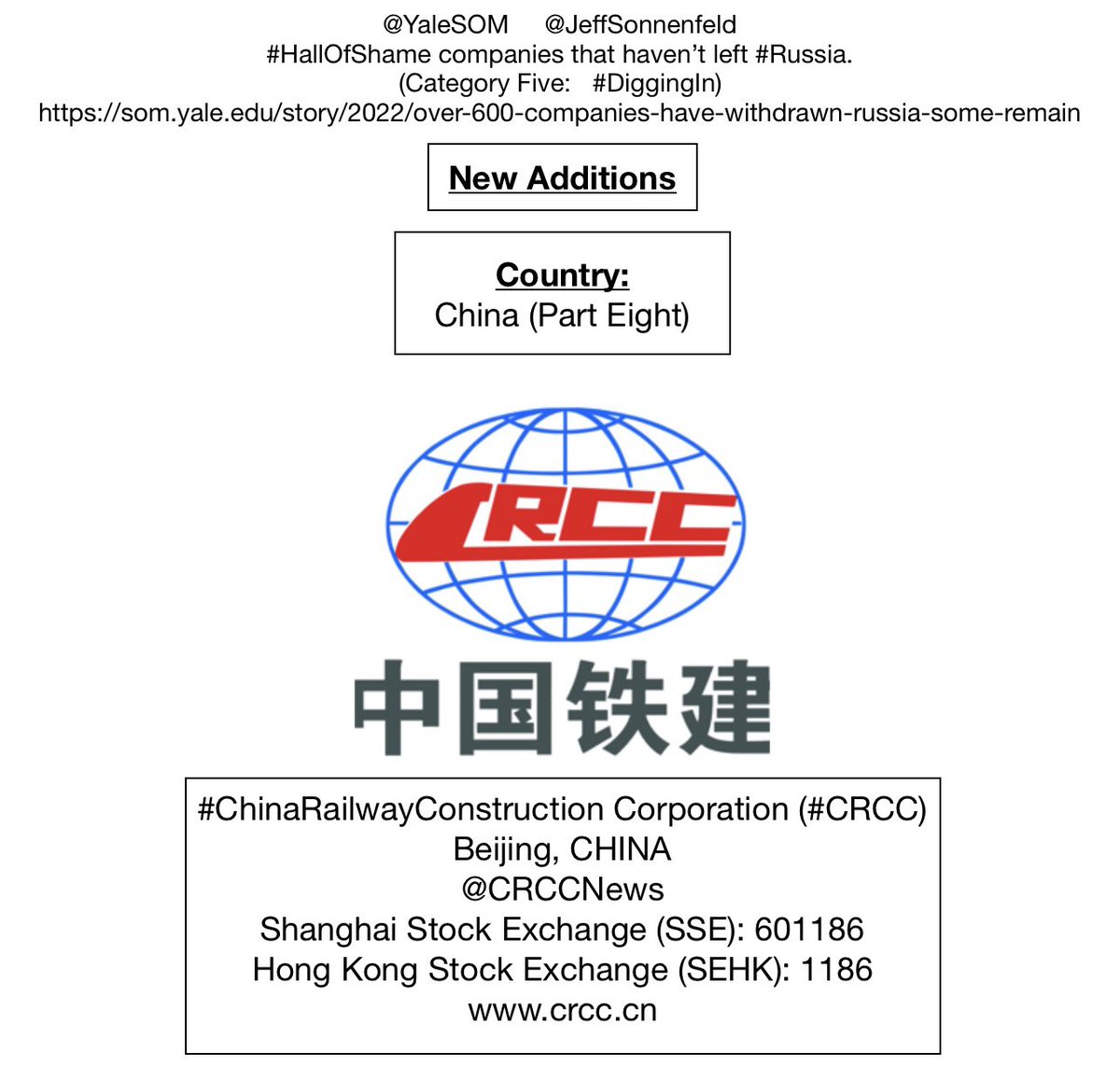 (plz see thread above) 👆

#Ukraine war.

Additions to list of #HallOfShame(#DiggingIn) companies.

Country of company: #CHINA (Part 8)

#ChinaRailwayConstruction Corp.
(#CRCC)
#Beijing, CHINA
@CRCCNews
#SSE: 601186
#SEHK: 1186
en.m.wikipedia.org/wiki/China_Rai…
(crcc.cn)