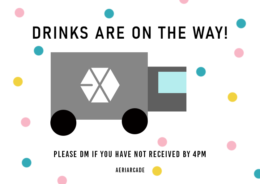 aeriarcade's tweet photo. [D-DAY #EXOGRAPHY]

🛻🛻 Your drinks &amp; goodie packs are still on the way to you!

Please let us know if it is not delivered by 4pm.

#EXO #엑소 #aeriarcade #EXOGRAPHY #10YearswithEXO https://t.co/J7mGsmQTJW
