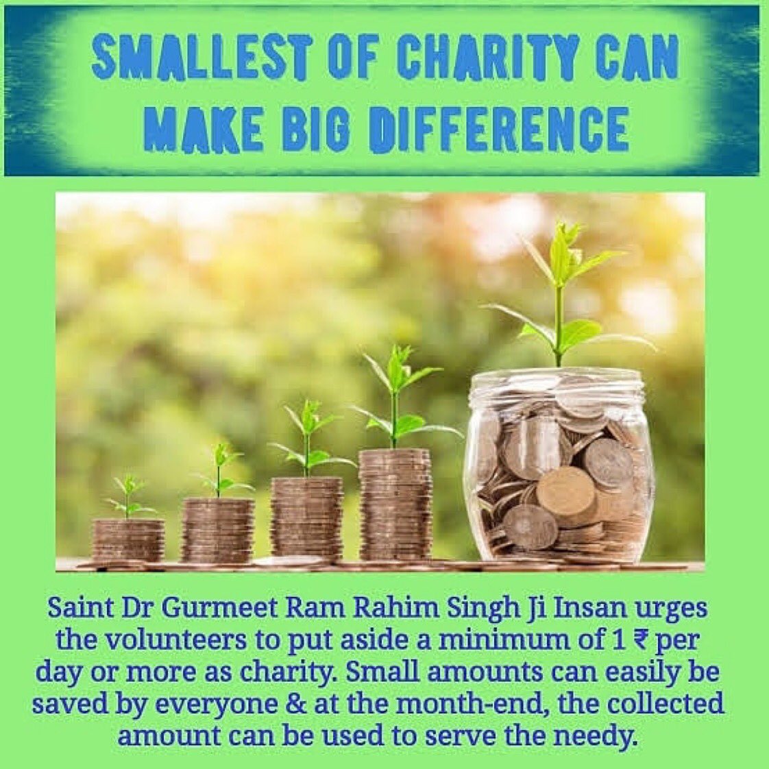RituIns24042908's tweet photo. Under the inspiration of Saint Gurmeet Ram Rahim Ji, the volunteers of Dera Sacha Sauda keep aside One coin from their earnings daily. When it turned into a big amount, they use this money to help needy people. 
#StartWith1
@DSSNewsUpdates https://t.co/0SpJ375bgU