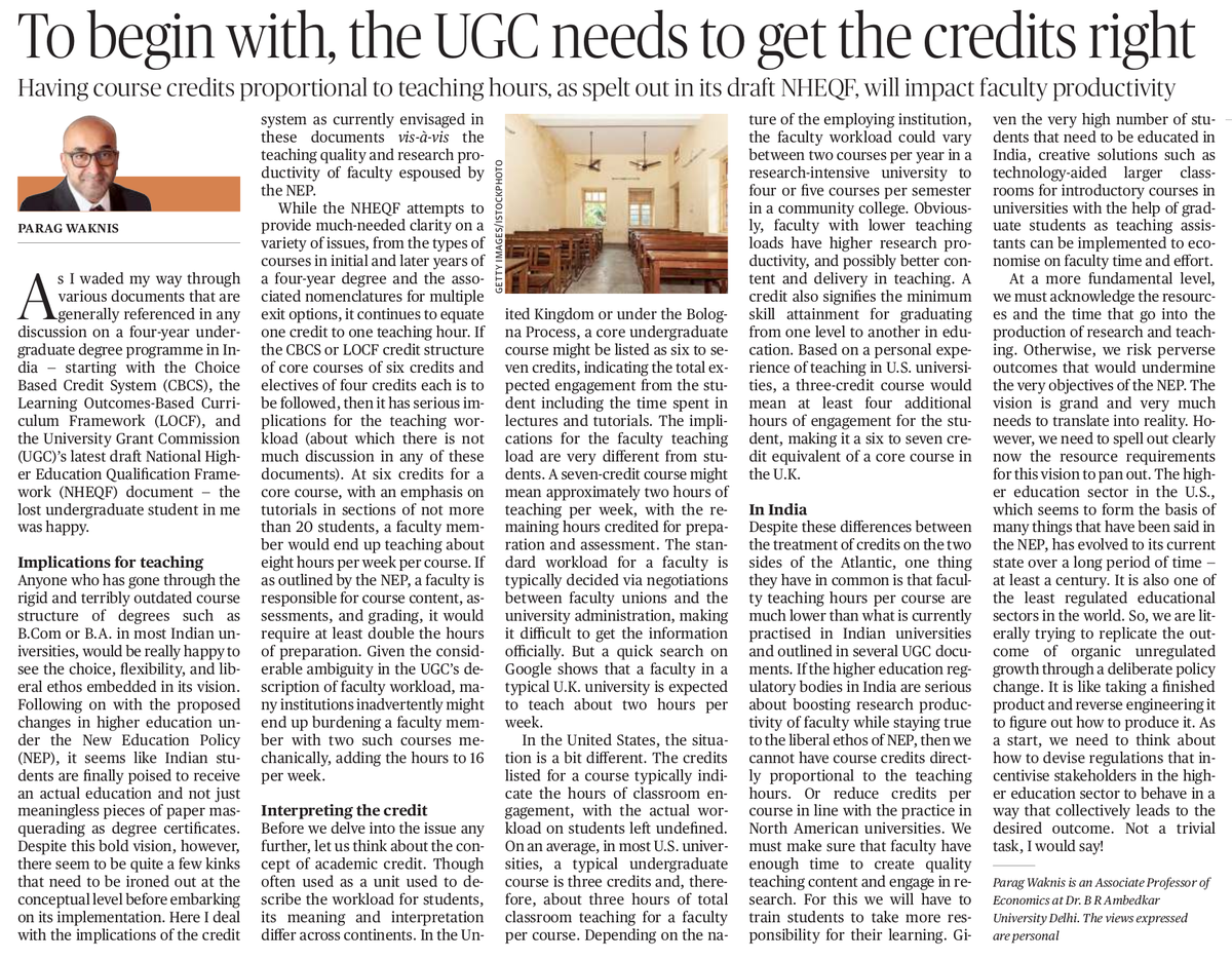 wparag's tweet photo. Here I argue for rethinking the relationship between course credits and teaching hours in the new four year undergraduate programme proposed by #NEP and the UGC. https://t.co/EfWFbEzVvd