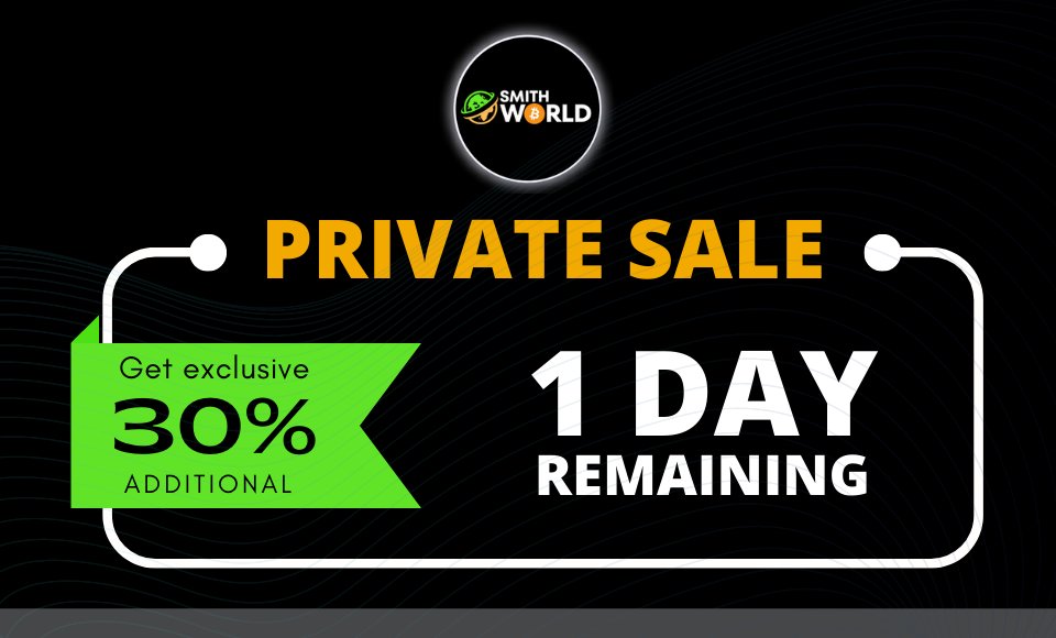 SmithWorldToken's tweet photo. We regret to inform you that we'll be closing down the private sale earlier than expected. This is to avoid confusion in the upcoming presale at Pinksale.

Hurry! Load your bags as there is only LESS THAN 1 DAY LEFT!
PRIVATE SALE WILL  OFFICIALLY CLOSED TODAY AT 10PM UTC! https://t.co/YQ4IIP6vcH