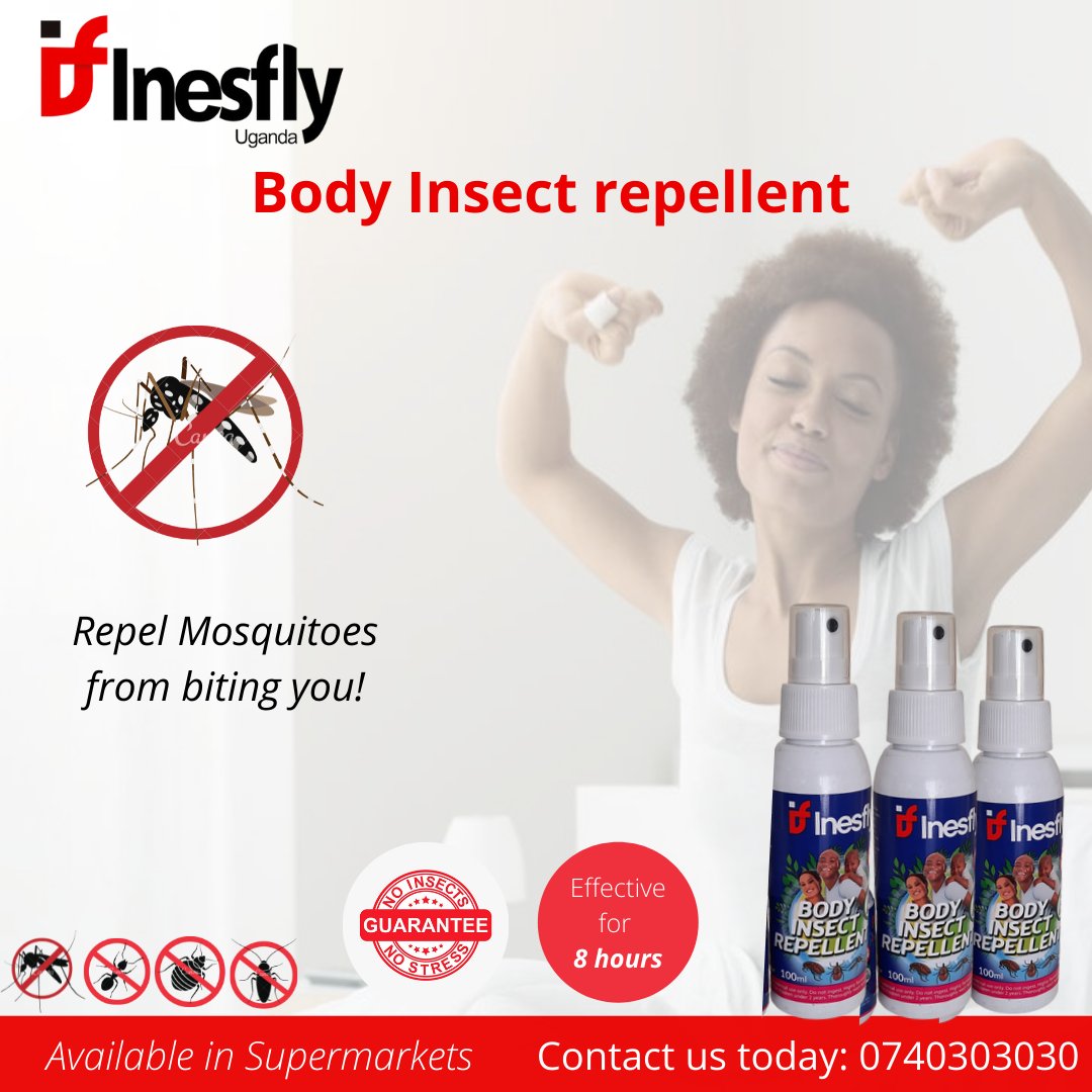 InesflyUganda's tweet photo. Are you tired of restless nights due to mosquitoes?
Get your body insect repellent today.
Available in supermarkets.
#InesflyUganda #bodyinsectrepellent #InsectRepellentSpray #FightMalaria https://t.co/lbk5ng8xjf
