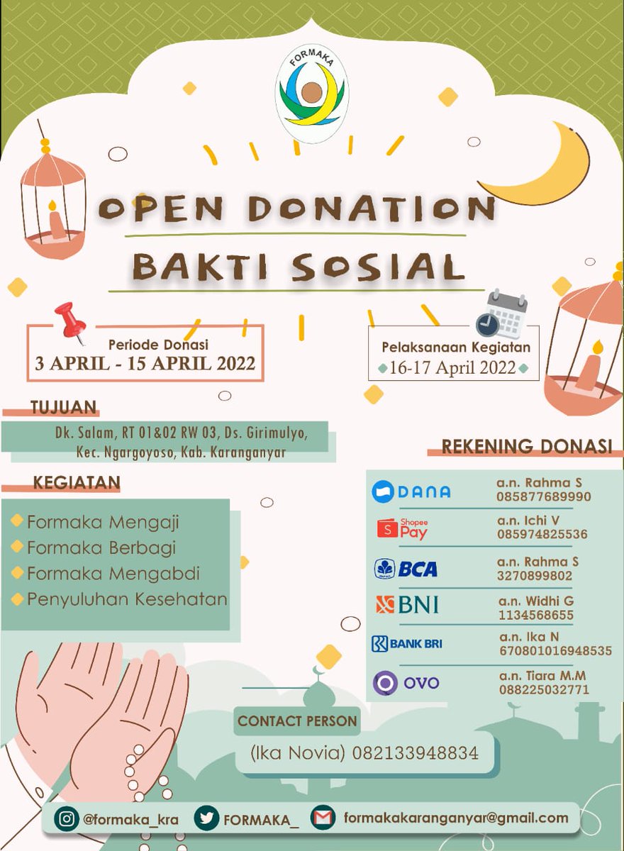 FORMAKA_'s tweet photo. ✨OPEN DONASI BAKTI SOSIAL FORMAKA✨
"Berbagi bukan tentang seberapa besar dan seberapa berharganya hal yang kau beri, namun seberapa tulus dan ikhlasnya apa yang ingin kau beri"
Seberapapun bantuan yg diberikan sangat bermanfaat bagi saudara kita yang membutuhkan. Terimakasih🙏 https://t.co/oF1qT8SdKm