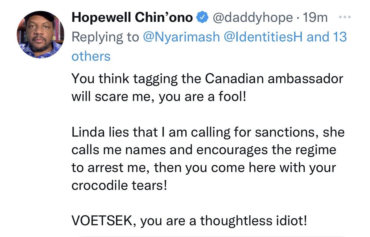 When they go low we go high! I’m being called ‘fool, idiot, VOETSEK’ by a supposed human rights activist Hopewell for asking him not attack women’s bodies but debate matters&amp; for safe debate online, while he blocks me for this truth.Cant ignore violence on female leaders online.