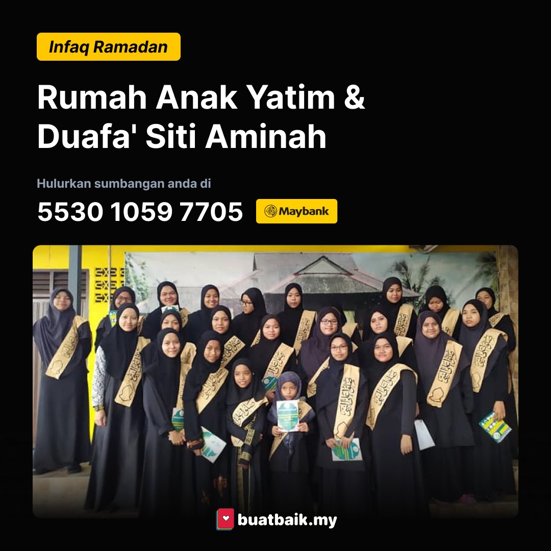 7 Ramadan

Rumah Anak Yatim &amp; Duafa' Siti Aminah
5530 1059 7705 (Maybank)

#infaqramadan #buatbaik #Ramadan