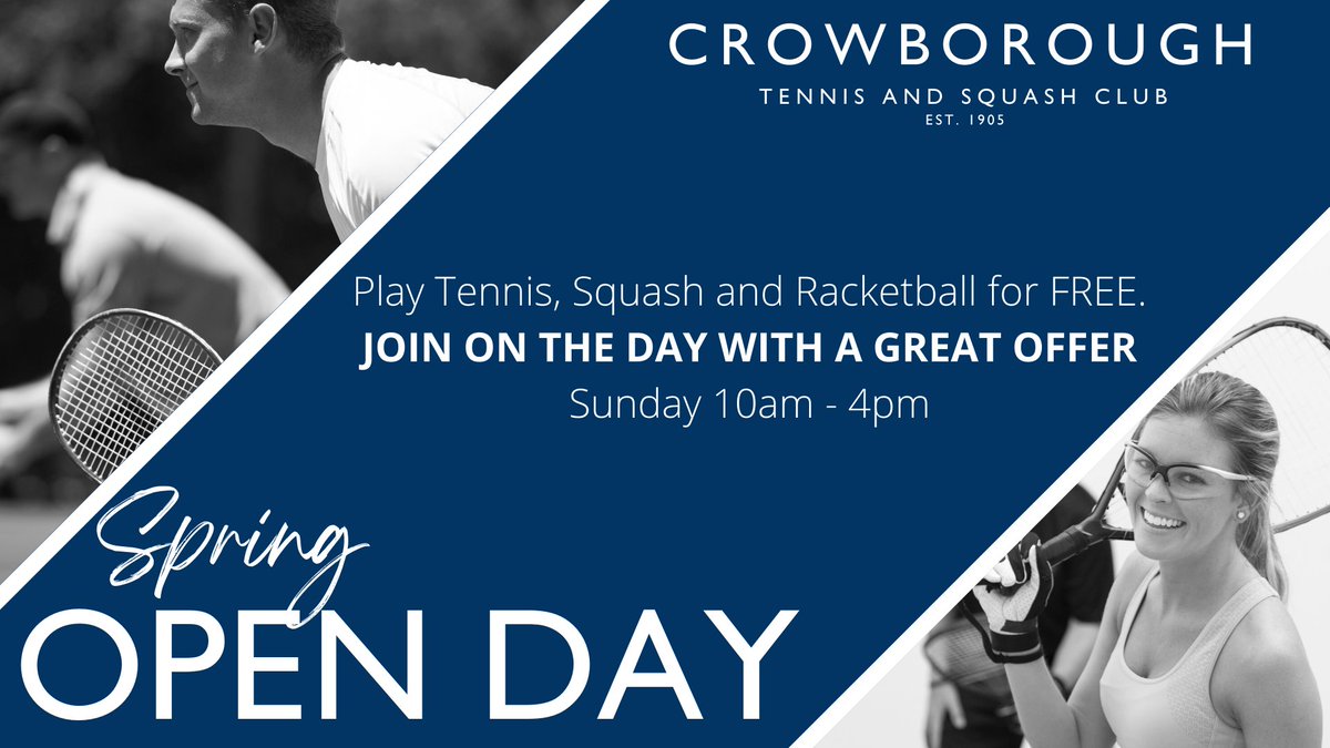 Sunday 10th April is our Spring Open Day from 10am - 4pm. Enjoy tennis, squash and racketball for free. Meet our members, mix in and if you join on the day there is a great membership offer!

#tennis #squash #racketball #crowborough #whatson #halfterm #getactive #fitness #sport