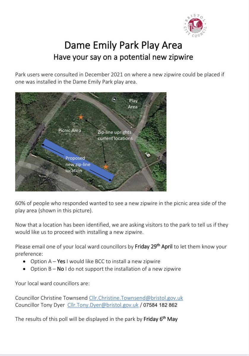 New zip wire in park - act to show you support the new position of it. Old place not viable. Say yes or lose it. Email councillors Townsend/Dyer by 29th April. Share and RT!! #BS3 #bedminster