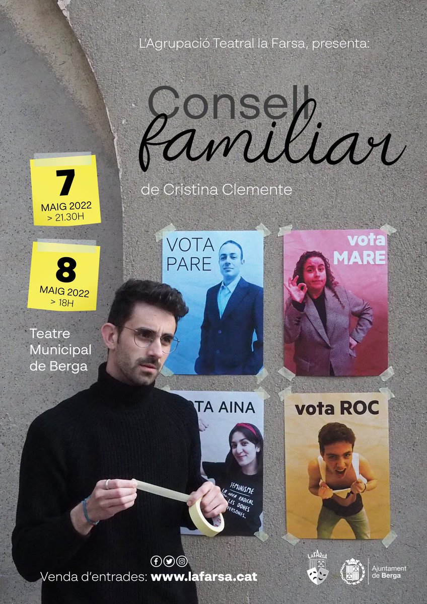 🎭 ‘Consell familiar’, de Cristina Clemente: 

📍Teatre Municipal de Berga 
🗓 Dissabte 07/05 🕥 21.30h 
🗓 Diumenge 08/05 🕕 18.00h 
🖥 Venda d’entrades berga.fila12.cat

#Berga #Berguedà #teatre #lafarsa #econsellfarsa #consellfamiliar