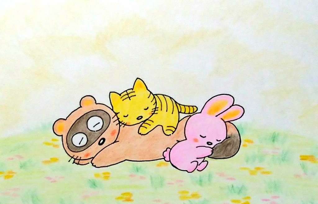 べにちゃん たぬきさん お花畑でウトウトお昼寝 優しい香りに包まれて ほんわか温かい夢の世界へ 手書きイラスト 色鉛筆 一コマ漫画 うさぎ ねこ たぬき お昼寝 お花に囲まれてどんな夢見てるのかな T Co