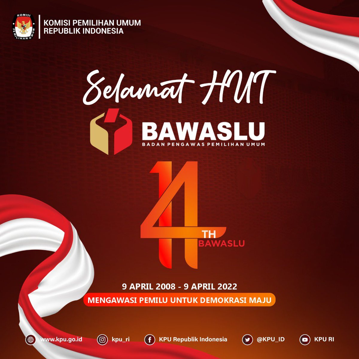 #TemanPemilih, segenap jajaran KPU RI mengucapkan Selamat Ulang Tahun Bawaslu RI ke-14.
Melangkah sinergis dalam mengawasi  penyelenggaraan Pemilu dan Pemilihan untuk mewujudkan demokrasi maju bagi seluruh masyarakat Indonesia..!

#KPUmelayani
#pemiluserentak2024