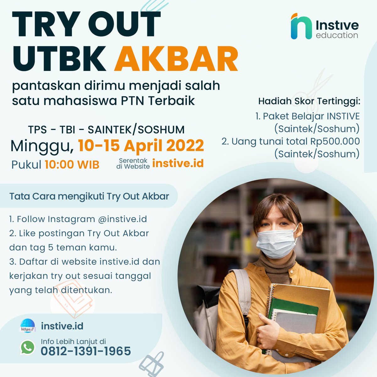 ilhmpryoga's tweet photo. 🚨[TRY OUT UTBK AKBAR]🚨

Benefit yang bakal kamu dapetin :
🎟 Free Try Out UTBK
🏅 Sistem Ranking Nasional
📚 Hadiah Skor Tertinggi berupa Paket Belajar Instive dan Uang Tunai Total Rp.500.000 https://t.co/CODdT8jUQ4