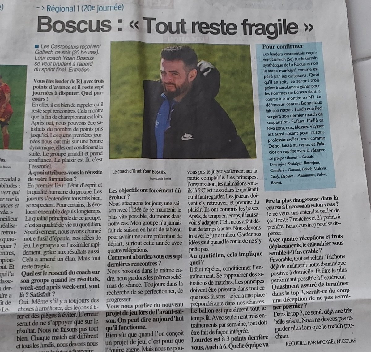 Article Centre Presse de ce samedi dans votre quotidien. 

Match à 20h sur le synthétique