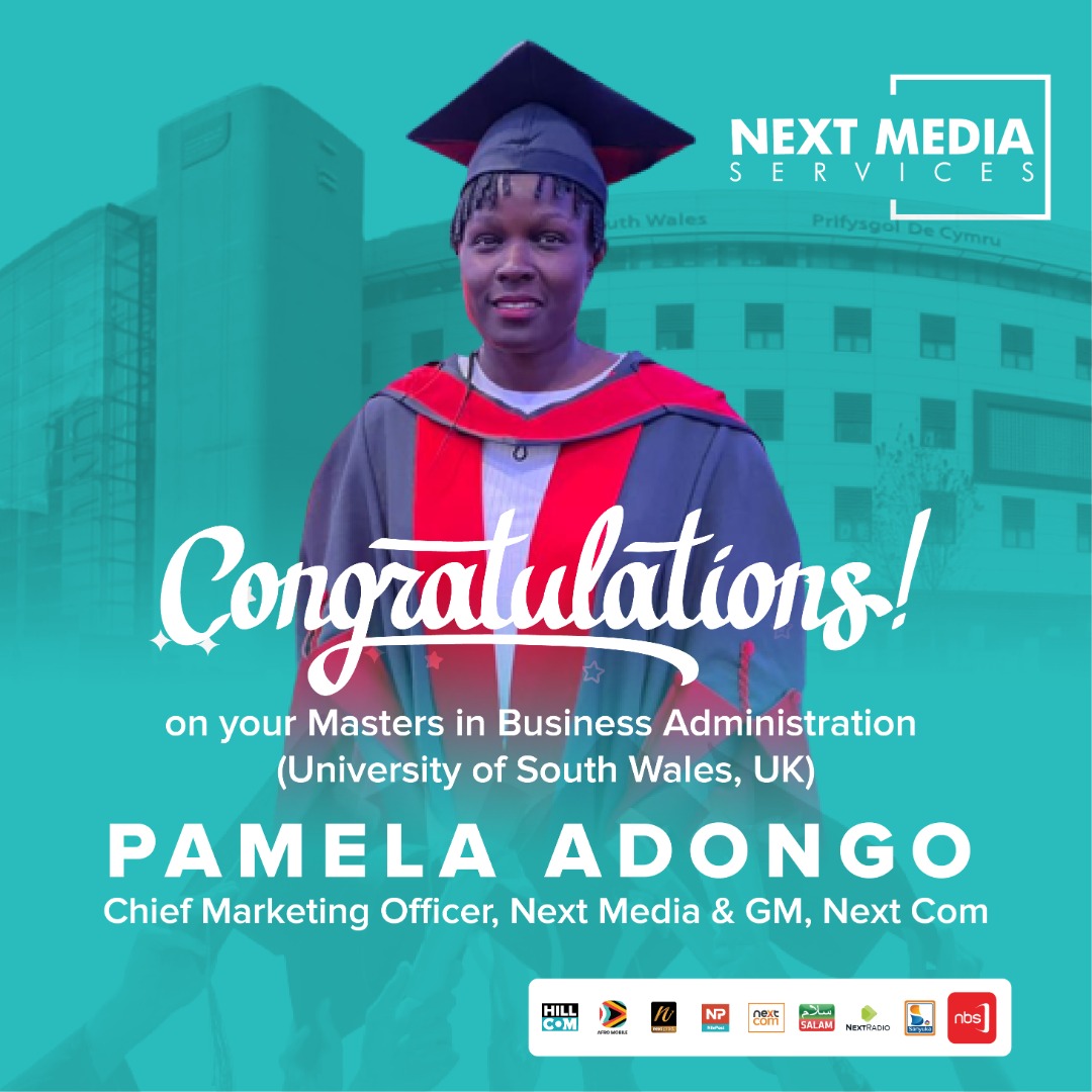 nextmediaug's tweet photo. Congratulations to our Chief Marketing Officer and GM
@nextcomug @pamadongo on her Masters in Business Administration (University of South Wales, UK). 

With this additional badge, may you continue achieving in your career and life.  #NextMediaUG #NextMediaMilestones https://t.co/H2YlWV9qpz