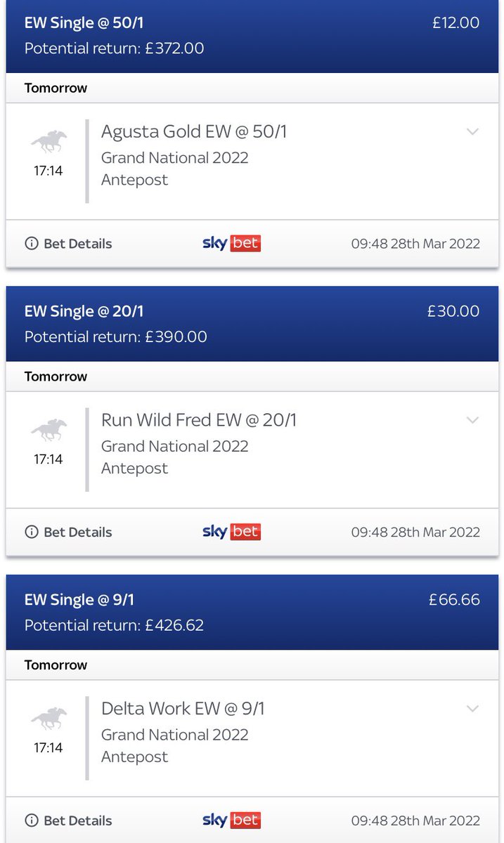 SmartBetStats1's tweet photo. Grand National stats/trends matching profile horses based on data of historical winners
DELTA WORK E/W
RUN WILD FRED E/W
AGUSTA GOLD E/W
https://t.co/o9siid7ebE
#GrandNational #national #grandnationaltips #ITV7 #ITVRacing #nationaltips #GrandNational2022 https://t.co/j5yf1f98Sc