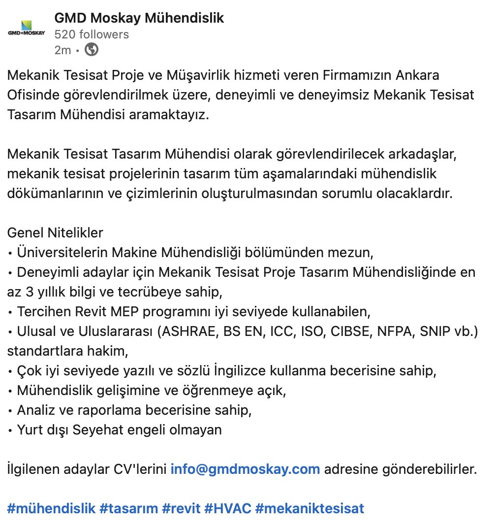 GmdMoskay's tweet photo. Ankara ofisimiz için yani çalışma arkadaşları arıyoruz #makinamühendisi #HVAC #tasarımmühendisliği #mekaniktesisat https://t.co/tlffn8xRU0