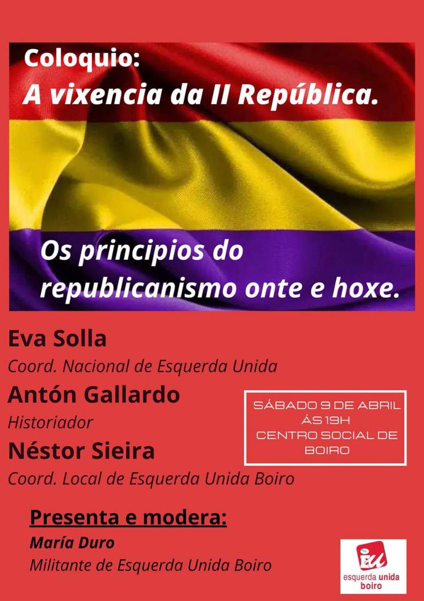 Esta tarde vémonos en Boiro para debater sobre a vixencia da República. 
Non faltedes!! <a href="/EUBarbanza/">EU Barbanza 🔻</a> <a href="/EsquerdaUnida/">Esquerda Unida🔻</a> <a href="/Nestor_Sieira/">Néstor Sieira</a>   ❤️💛💜