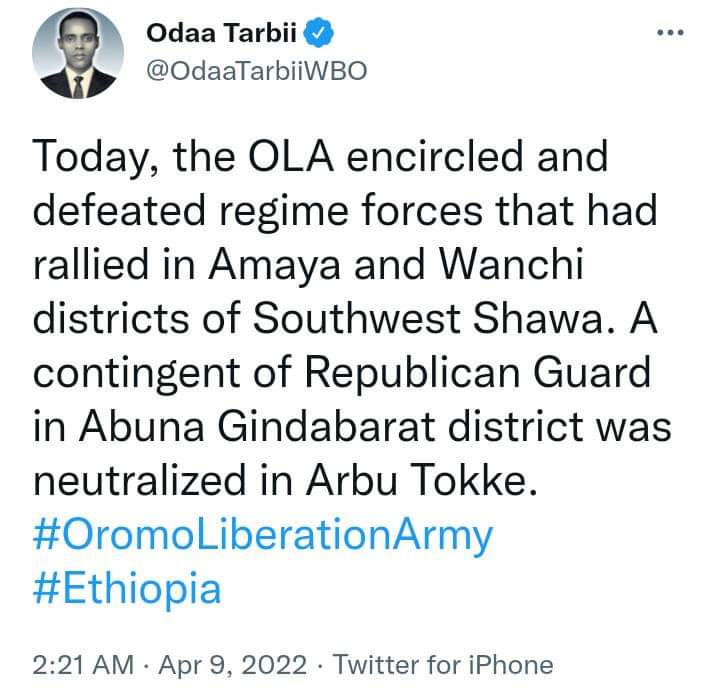 KentoArba's tweet photo. #Amhara terrorists &amp; their allied mercenaries have been annihilated in Arbu Tokke,#Shawa by #Oromo Liberation Army,#OLA
#OlaMarchingToFinnFinne
#Command_OLA
#OLA_CCSpox1
#OromoRevolution
#DecolonizeOromia
#OLF
#OLA
#Oromo
#Ethiopia
#AmharaShifta
#NeftegnaSettlers https://t.co/tqxYQUYSNS
