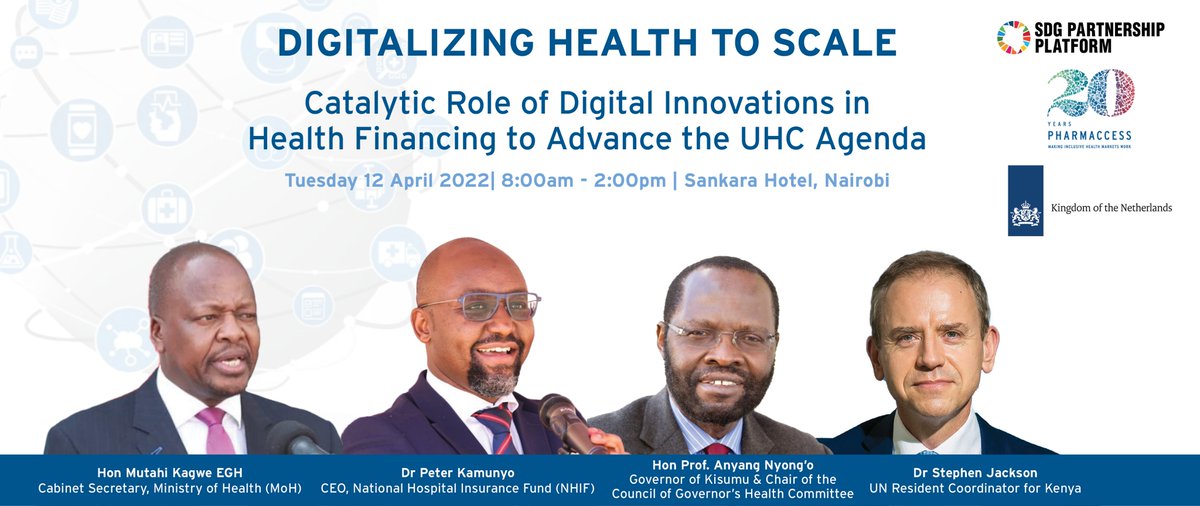 PharmAccessKE's tweet photo. Join us on 12 APRIL for the Digitalizing Health to Scale Conference organized in partnership with @NLinKenya @sdgpartnership and @UnKenya. Watch on YouTube Live: https://t.co/FPJE3piChc
@MOH_Kenya 
@KisumuCountyKE 
@nhifkenya 
@PharmAccessOrg https://t.co/2KlZdauWd9