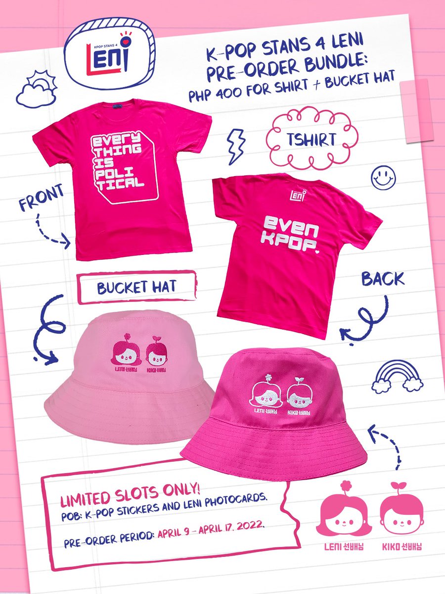 KPOPSTANS4GG's tweet photo. Korique and tama behavior~ Everything is political, even Kpop! 

Our T-shirt and bucket merch are here 🌸 More details are on the pubmat and on the form. Thank you for waiting! 

DOO: April 9-17, 2022
DOP: PAYO

https://t.co/HGi29Kj0uM

#KpopStans4Leni https://t.co/T4UwW4yDzB